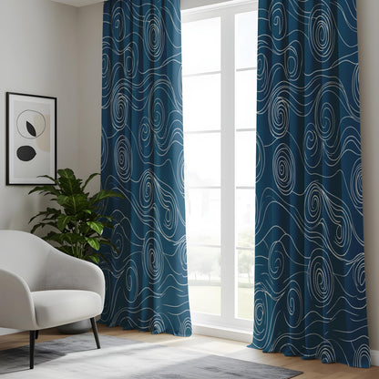 Onay Navy Blue Abstract Swirl Curtains – Japanese Wave Pattern Drapes