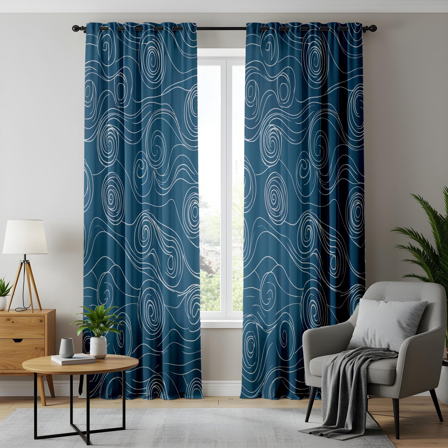 Onay Navy Blue Abstract Swirl Curtains – Japanese Wave Pattern Drapes