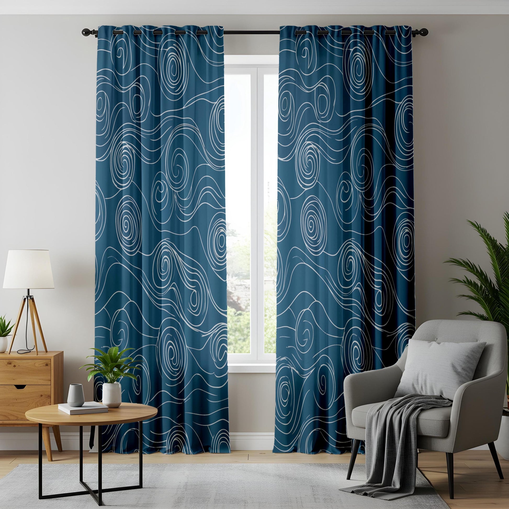 Onay Navy Blue Abstract Swirl Curtains – Japanese Wave Pattern Drapes