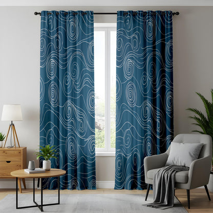 Onay Navy Blue Abstract Swirl Curtains – Japanese Wave Pattern Drapes
