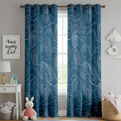 Onay Navy Blue Abstract Swirl Curtains – Japanese Wave Pattern Drapes