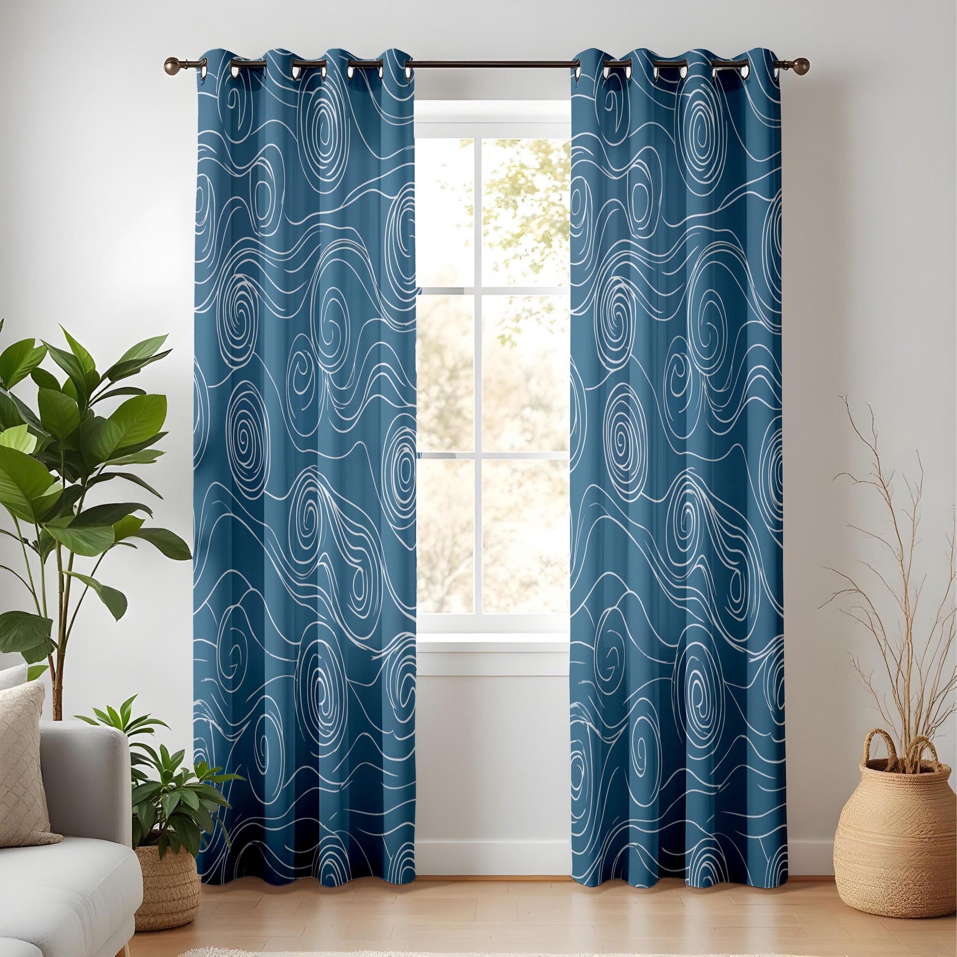 Onay Navy Blue Abstract Swirl Curtains – Japanese Wave Pattern Drapes