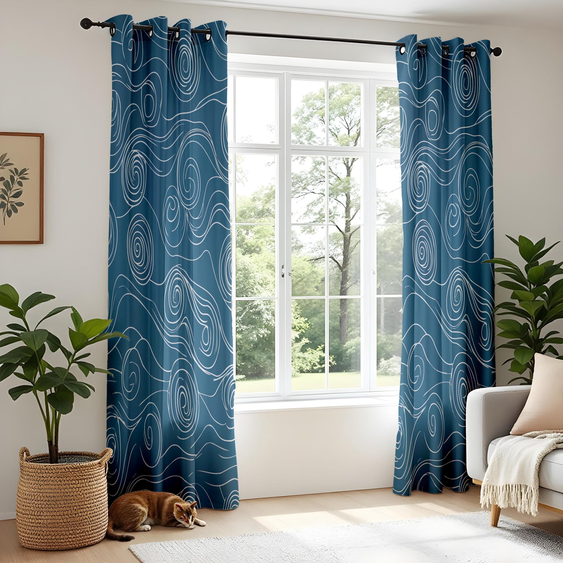 Onay Navy Blue Abstract Swirl Curtains – Japanese Wave Pattern Drapes