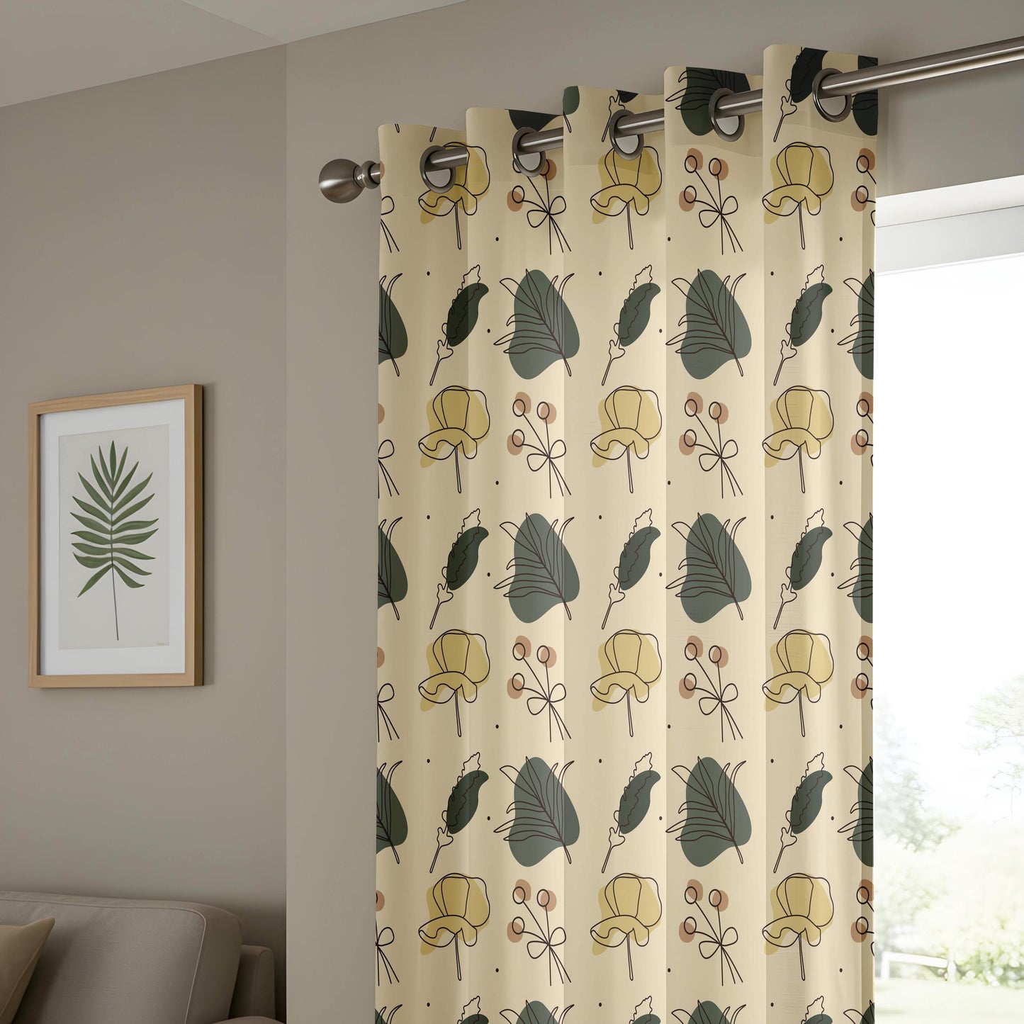 Onay Beige Green Mustard Botanical Curtains – Modern Scandi Leaf Drapes