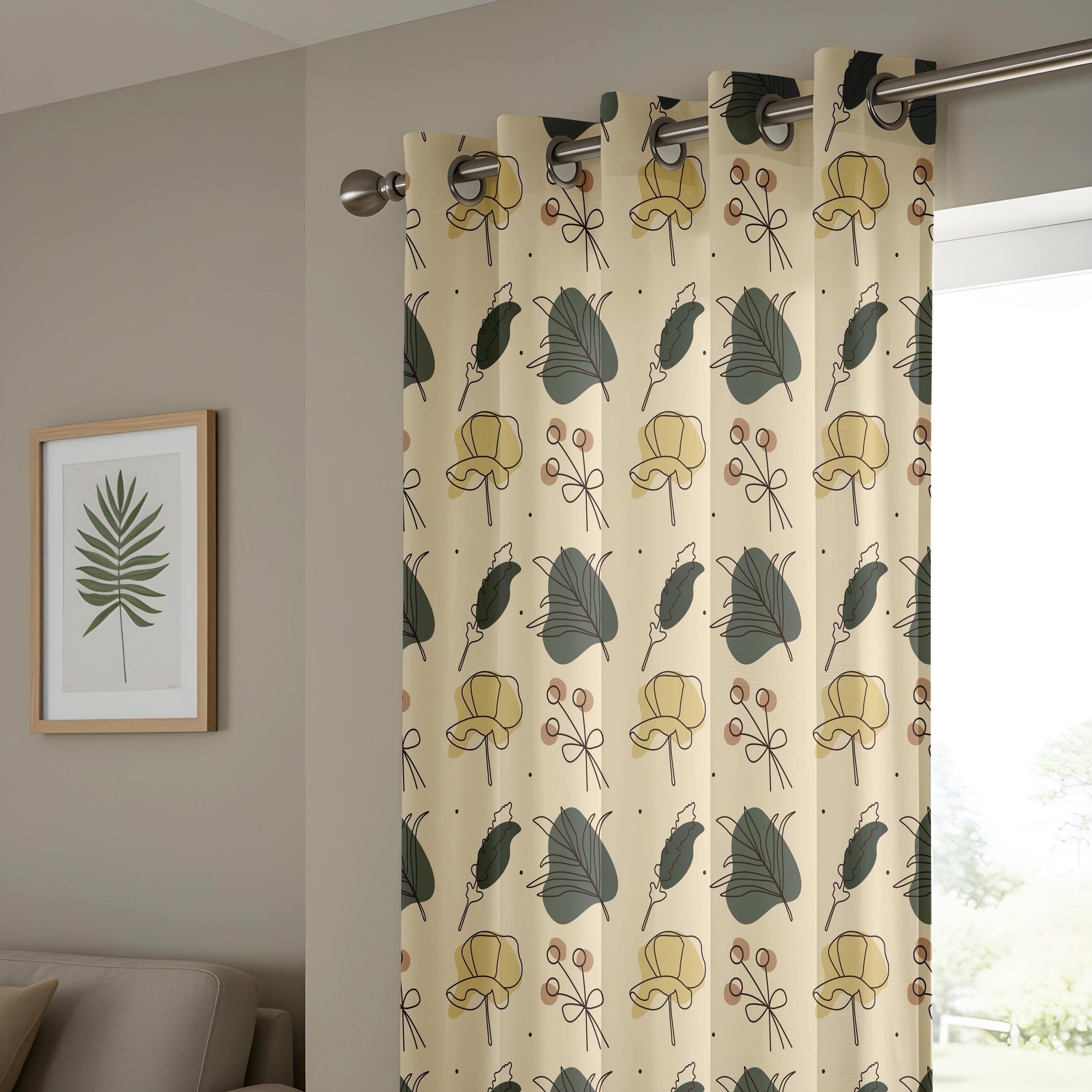 Onay Beige Green Mustard Botanical Curtains – Modern Scandi Leaf Drapes