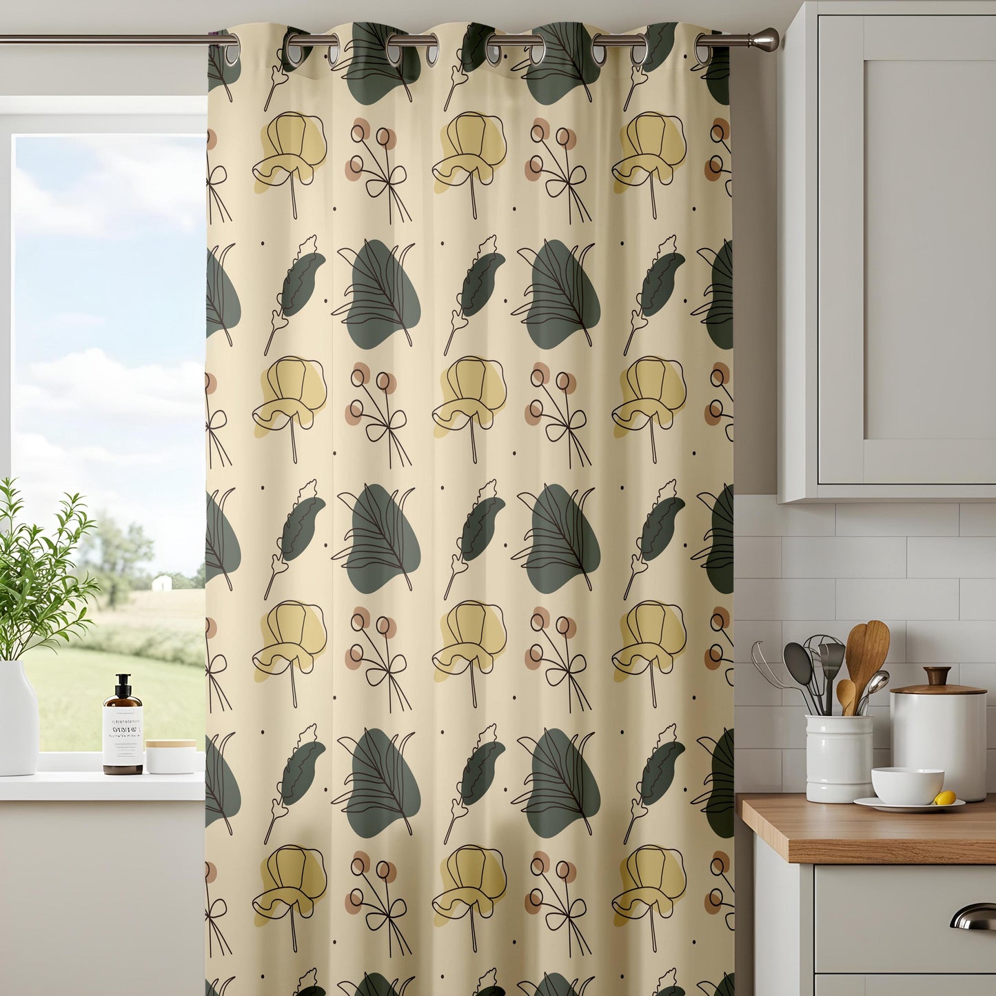 Onay Beige Green Mustard Botanical Curtains – Modern Scandi Leaf Drapes