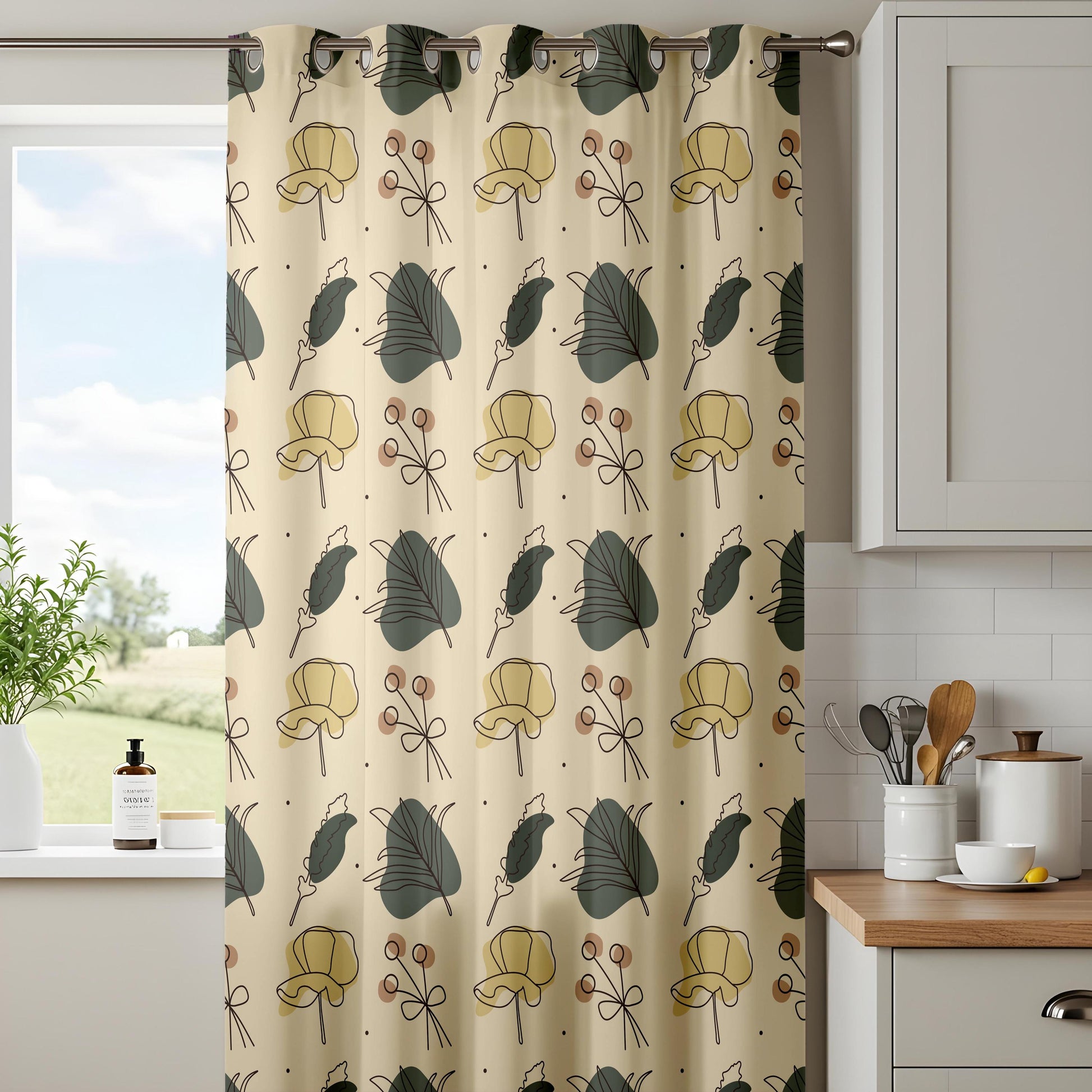 Onay Beige Green Mustard Botanical Curtains – Modern Scandi Leaf Drapes