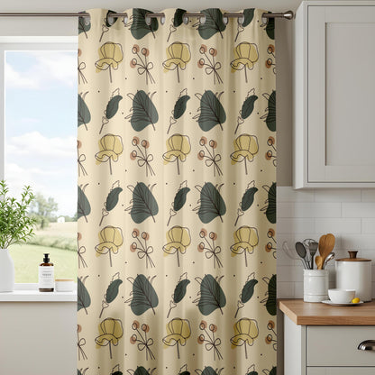 Onay Beige Green Mustard Botanical Curtains – Modern Scandi Leaf Drapes
