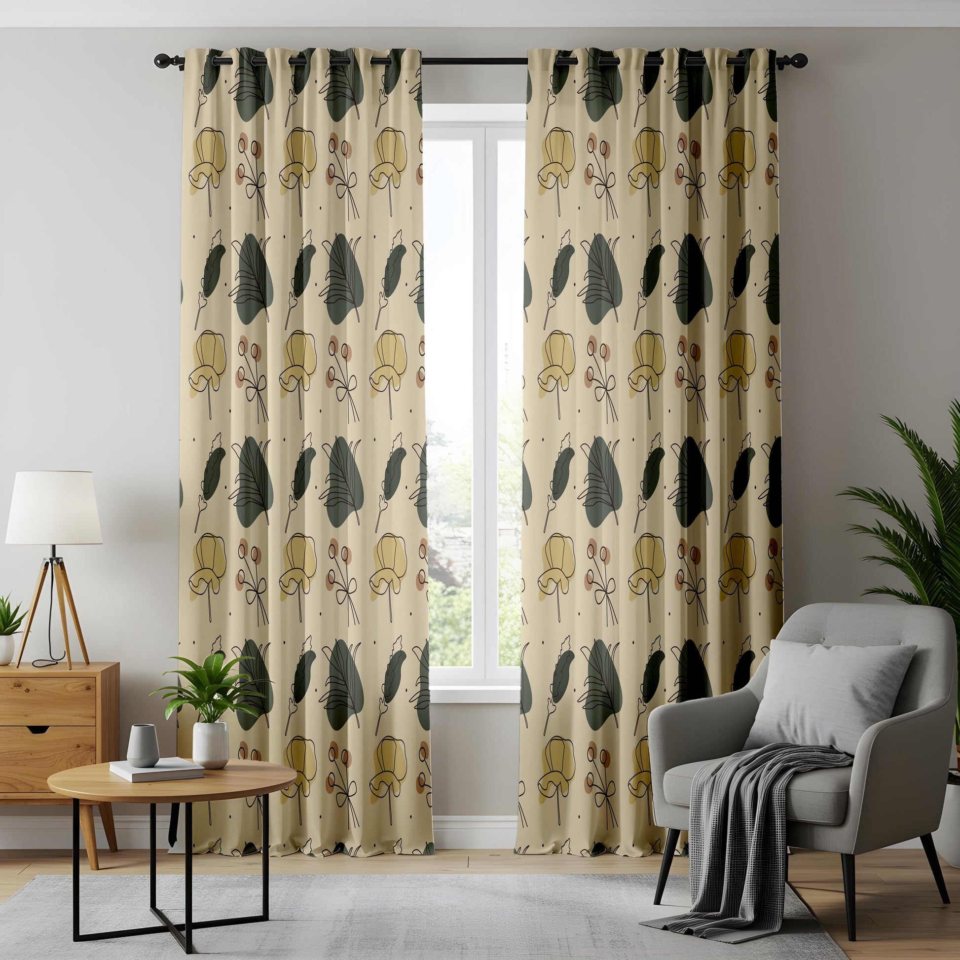 Onay Beige Green Mustard Botanical Curtains – Modern Scandi Leaf Drapes