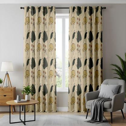 Onay Beige Green Mustard Botanical Curtains – Modern Scandi Leaf Drapes