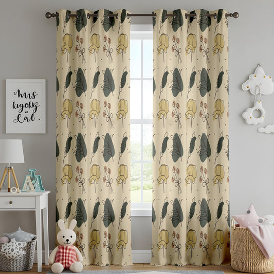 Onay Beige Green Mustard Botanical Curtains – Modern Scandi Leaf Drapes