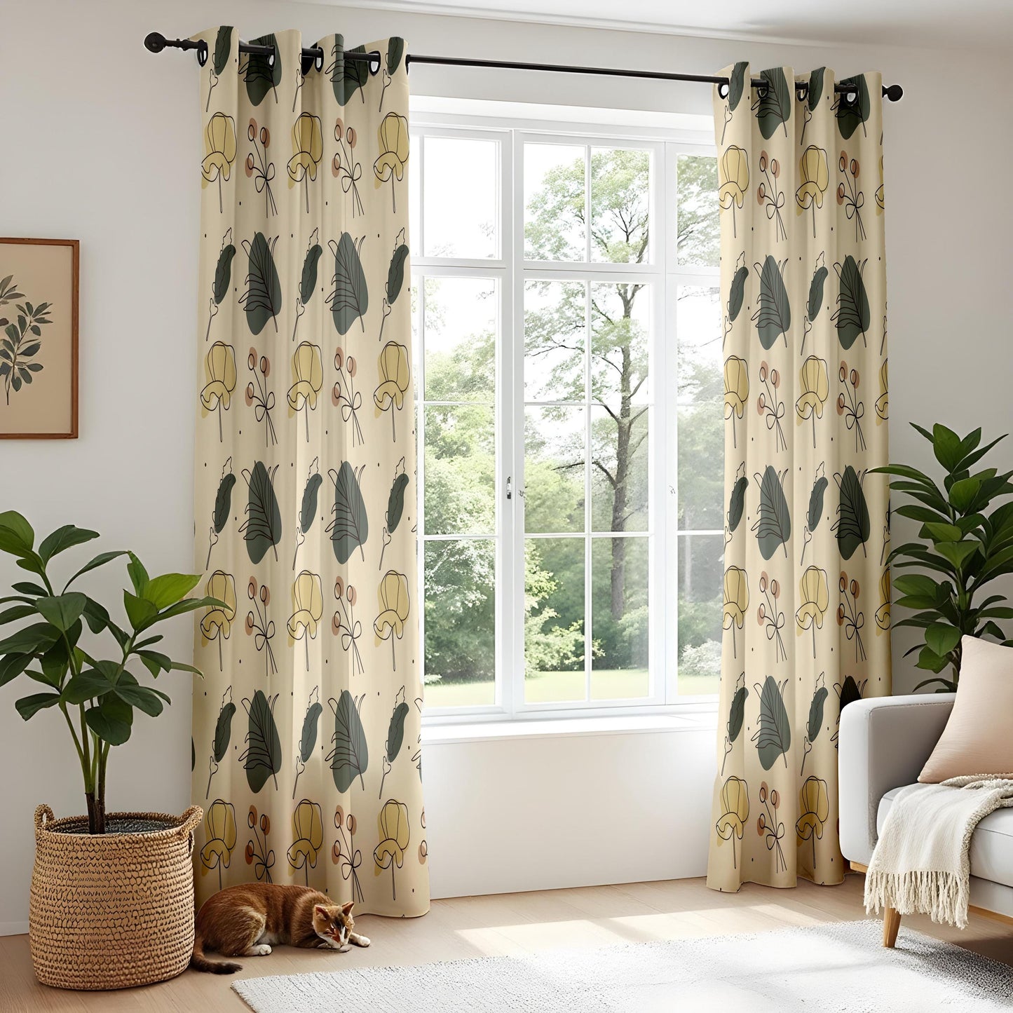Onay Beige Green Mustard Botanical Curtains – Modern Scandi Leaf Drapes