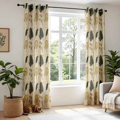 Onay Beige Green Mustard Botanical Curtains – Modern Scandi Leaf Drapes