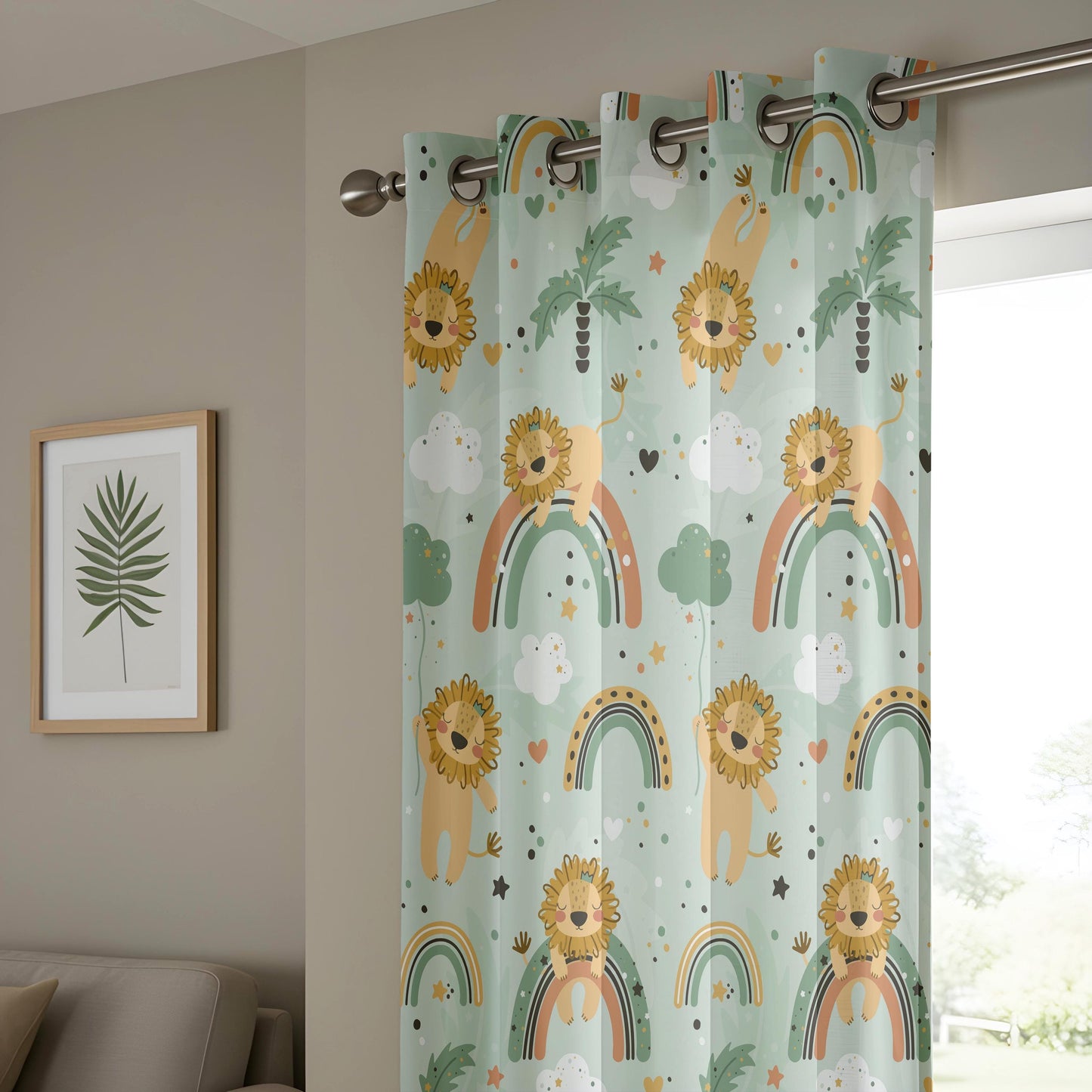Onay Mint Green Lion Rainbow Curtains – Boho Nursery Decor