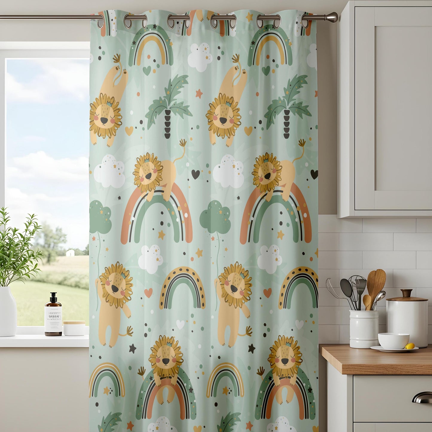 Onay Mint Green Lion Rainbow Curtains – Boho Nursery Decor