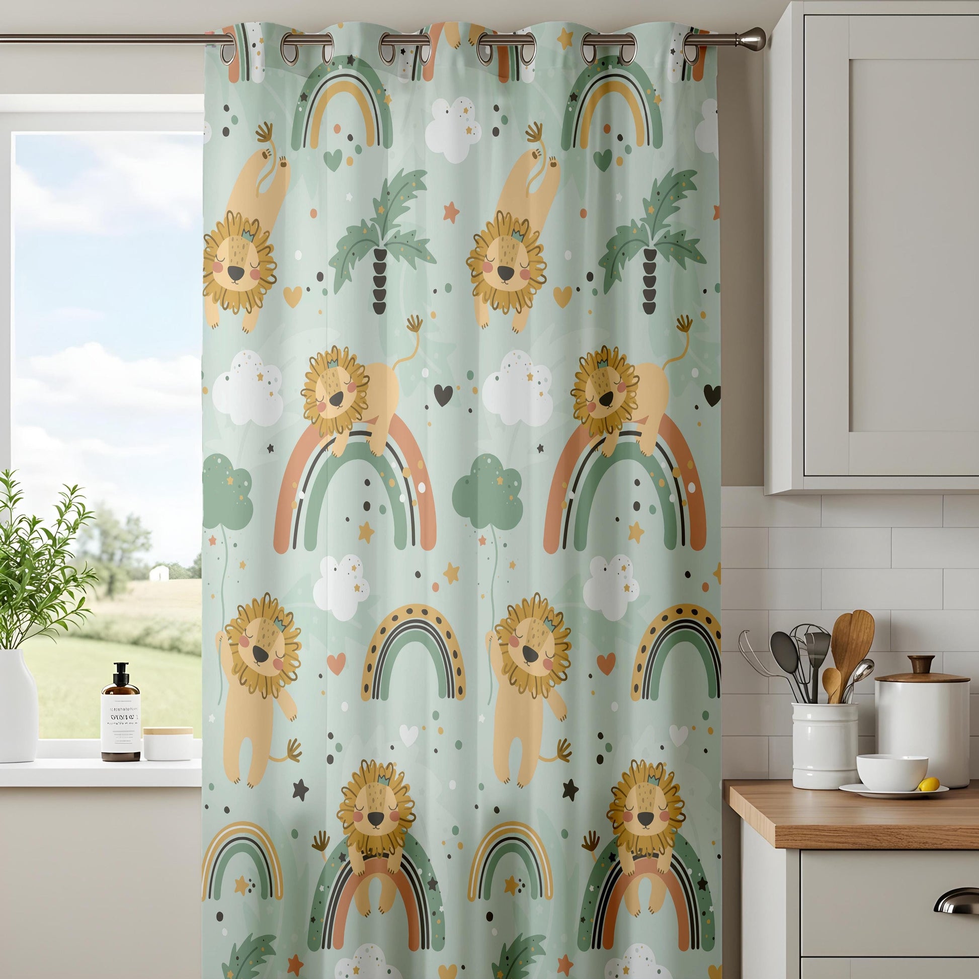 Onay Mint Green Lion Rainbow Curtains – Boho Nursery Decor