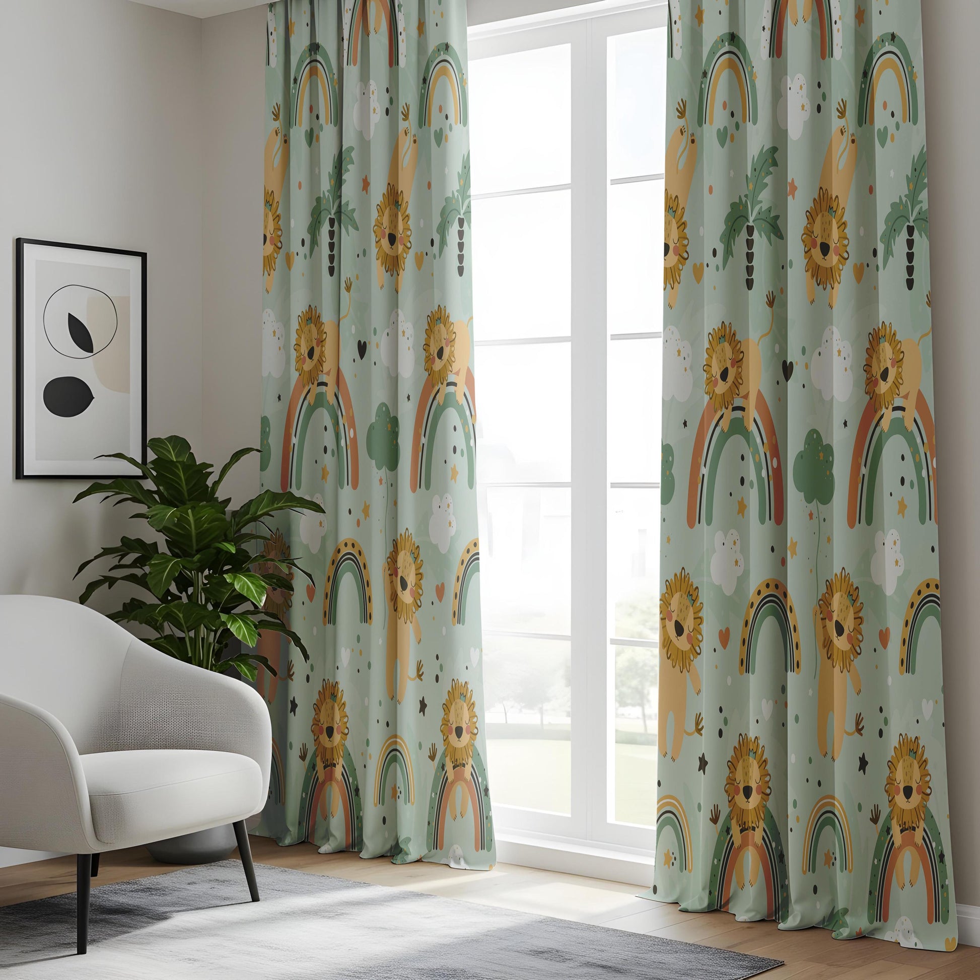 Onay Mint Green Lion Rainbow Curtains – Boho Nursery Decor