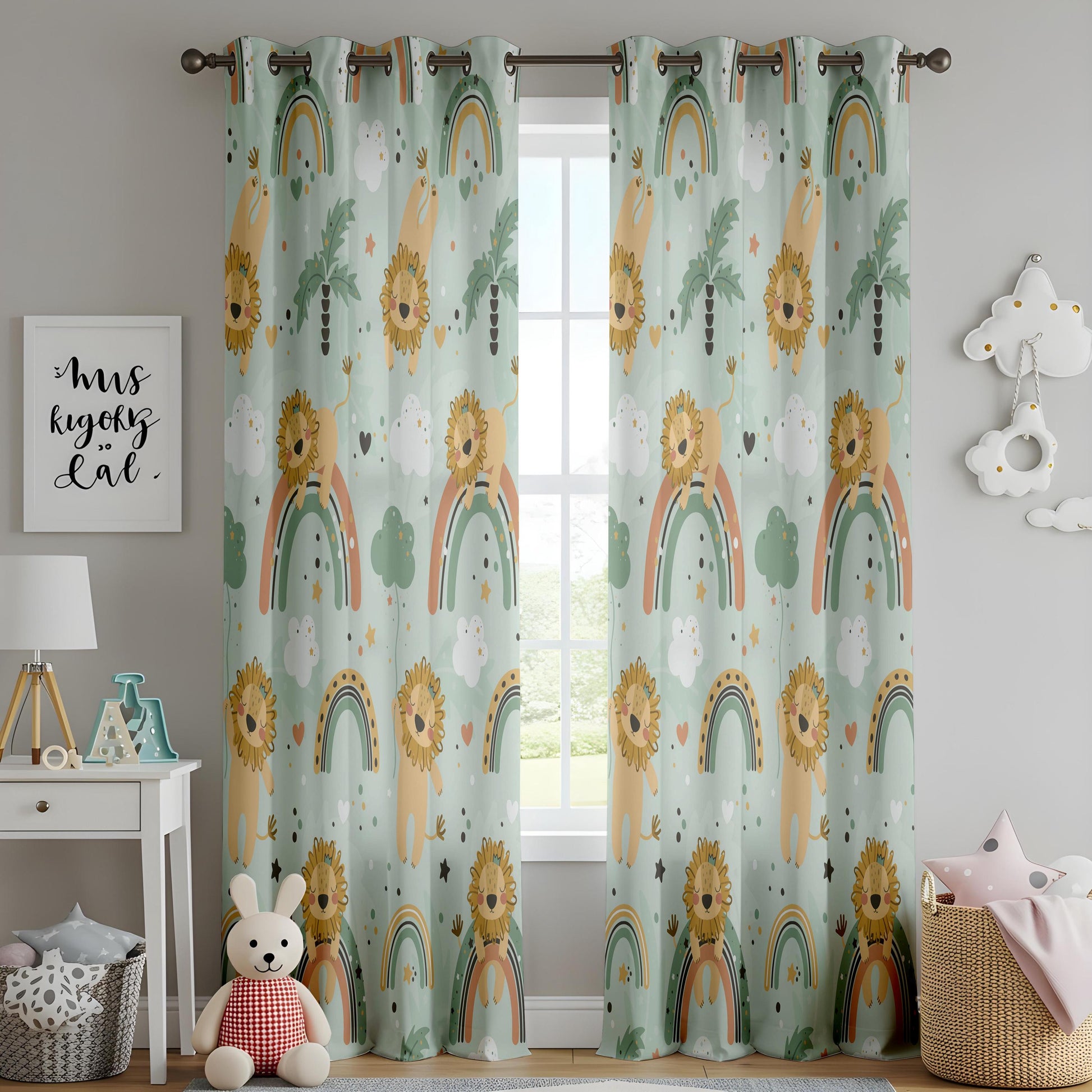 Onay Mint Green Lion Rainbow Curtains – Boho Nursery Decor