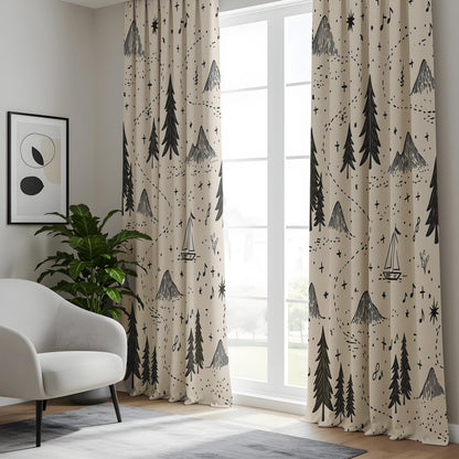 Onay Adventure Map Nursery Curtains – Beige Black/Gray Mountain Forest Drapes