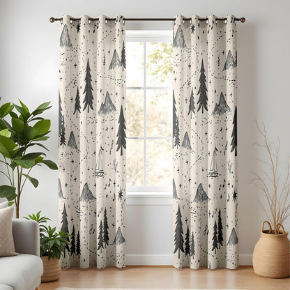Onay Adventure Map Nursery Curtains – Beige Black/Gray Mountain Forest Drapes