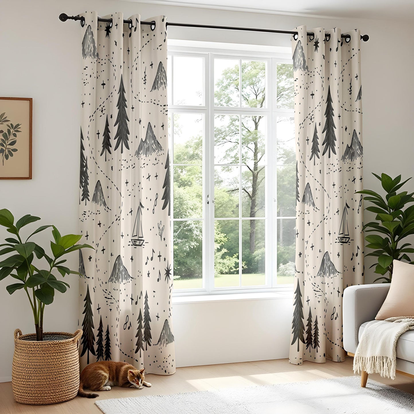 Onay Adventure Map Nursery Curtains – Beige Black/Gray Mountain Forest Drapes