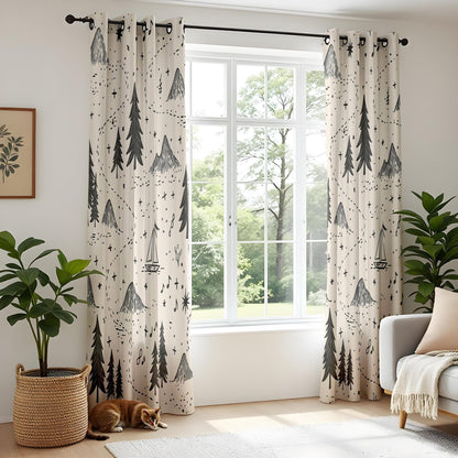 Onay Adventure Map Nursery Curtains – Beige Black/Gray Mountain Forest Drapes