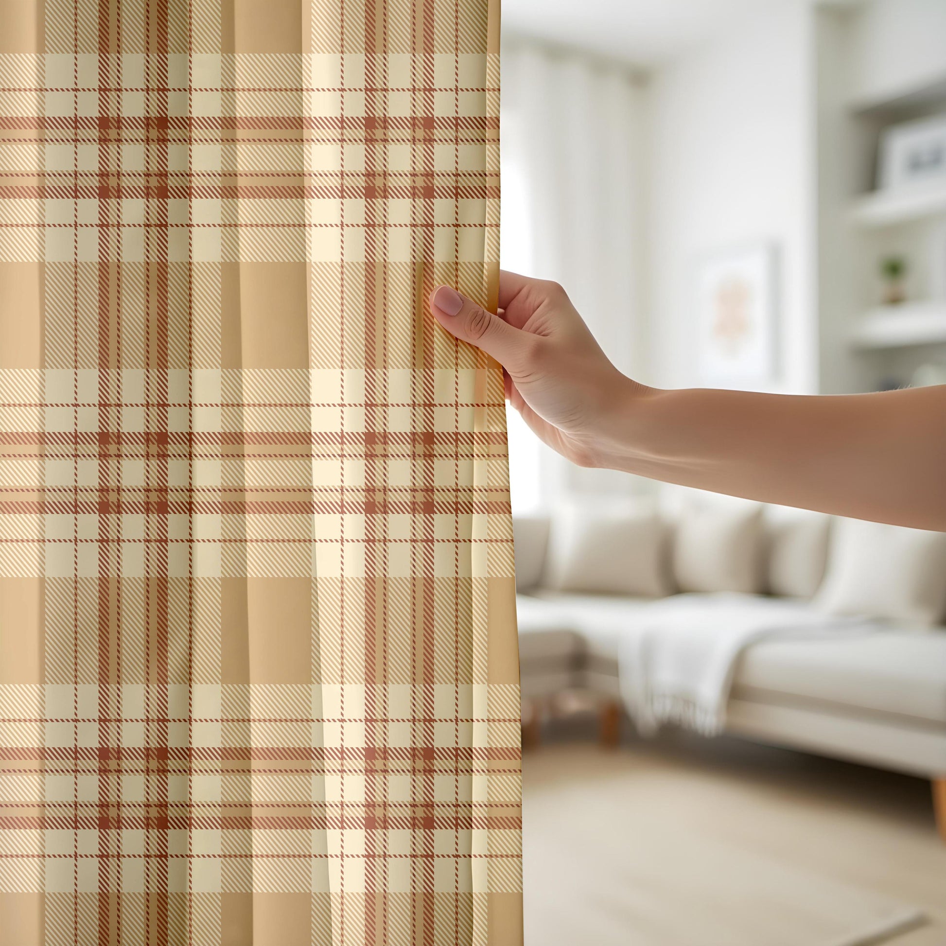 Onay Beige Brown Plaid Curtains – Rustic Farmhouse Tartan Drapes