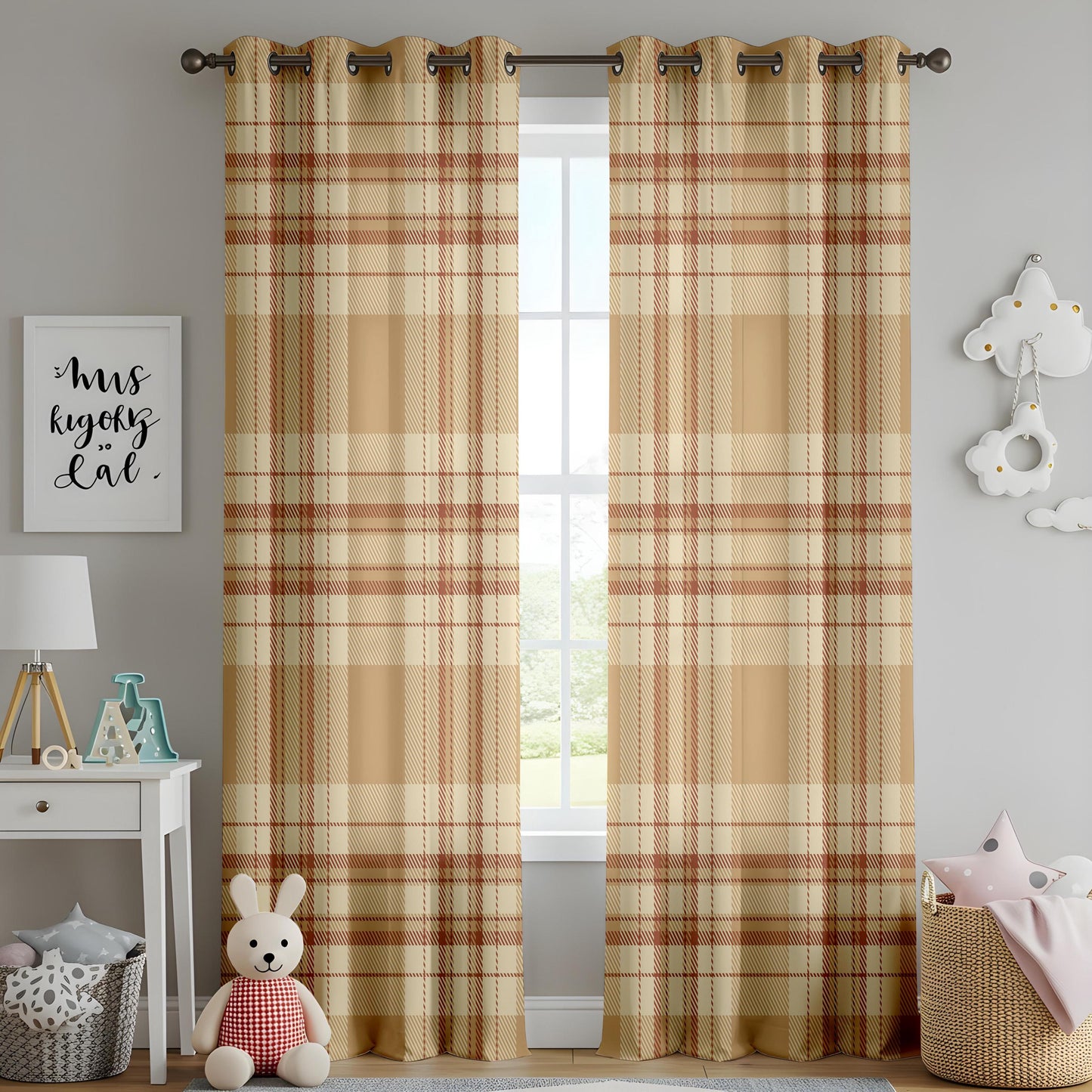 Onay Beige Brown Plaid Curtains – Rustic Farmhouse Tartan Drapes
