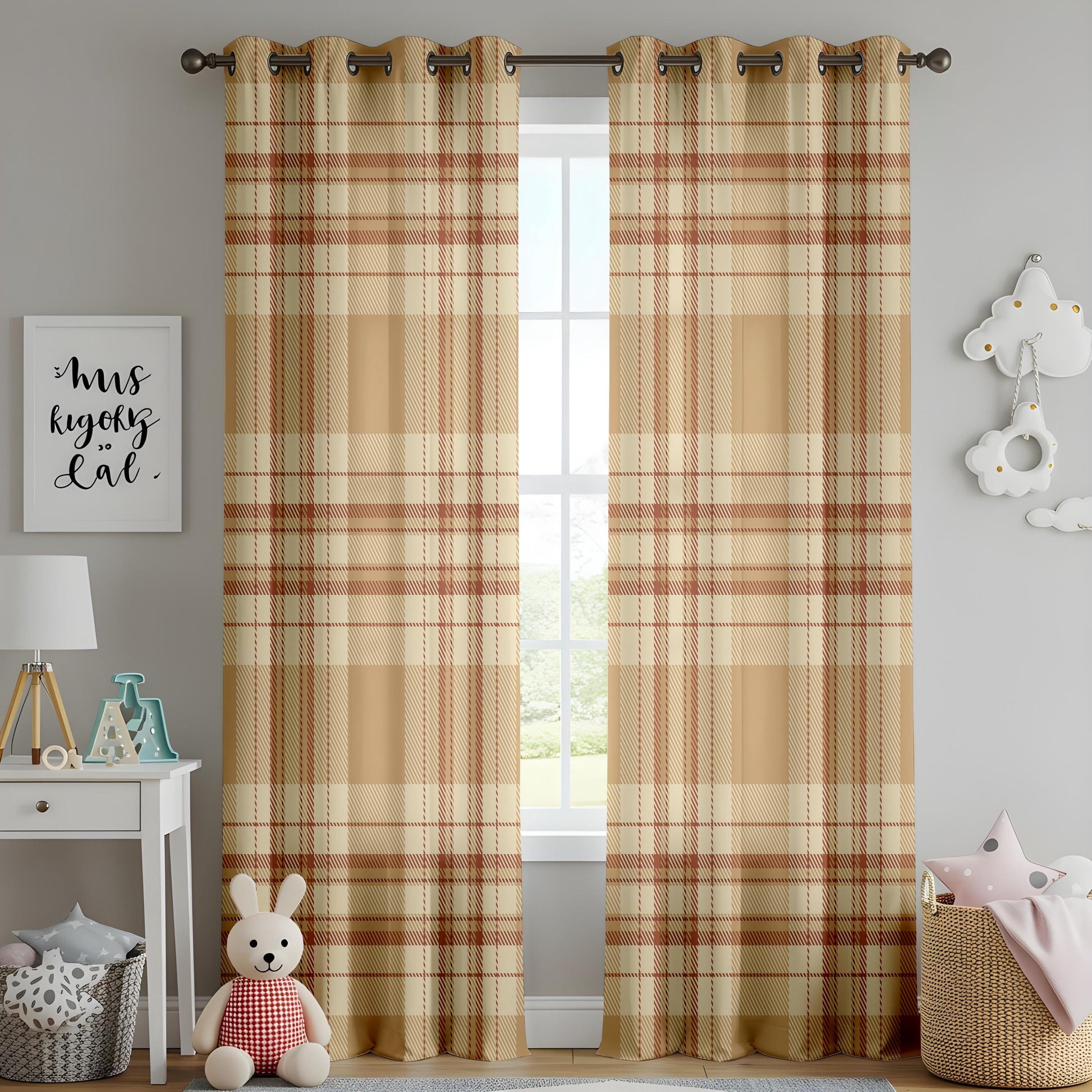 Onay Beige Brown Plaid Curtains – Rustic Farmhouse Tartan Drapes