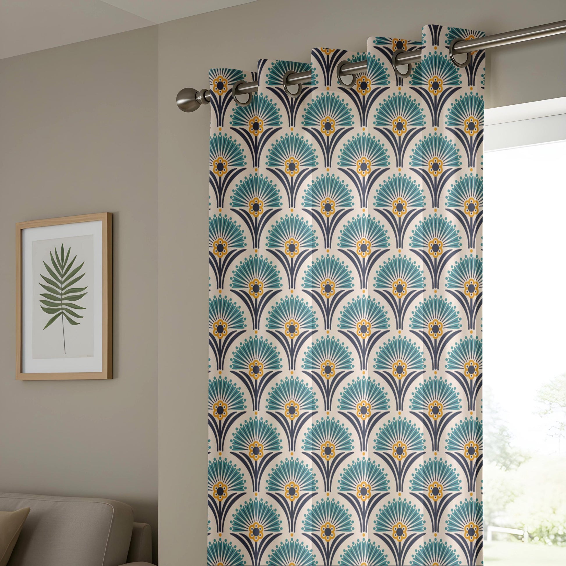 Onay Teal Art Deco Fan Curtains – Peacock Feather Pattern Drapes