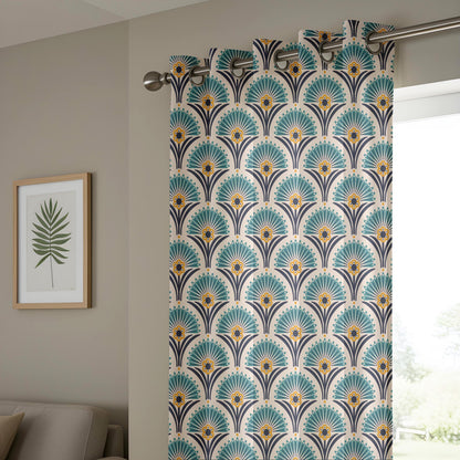 Onay Teal Art Deco Fan Curtains – Peacock Feather Pattern Drapes