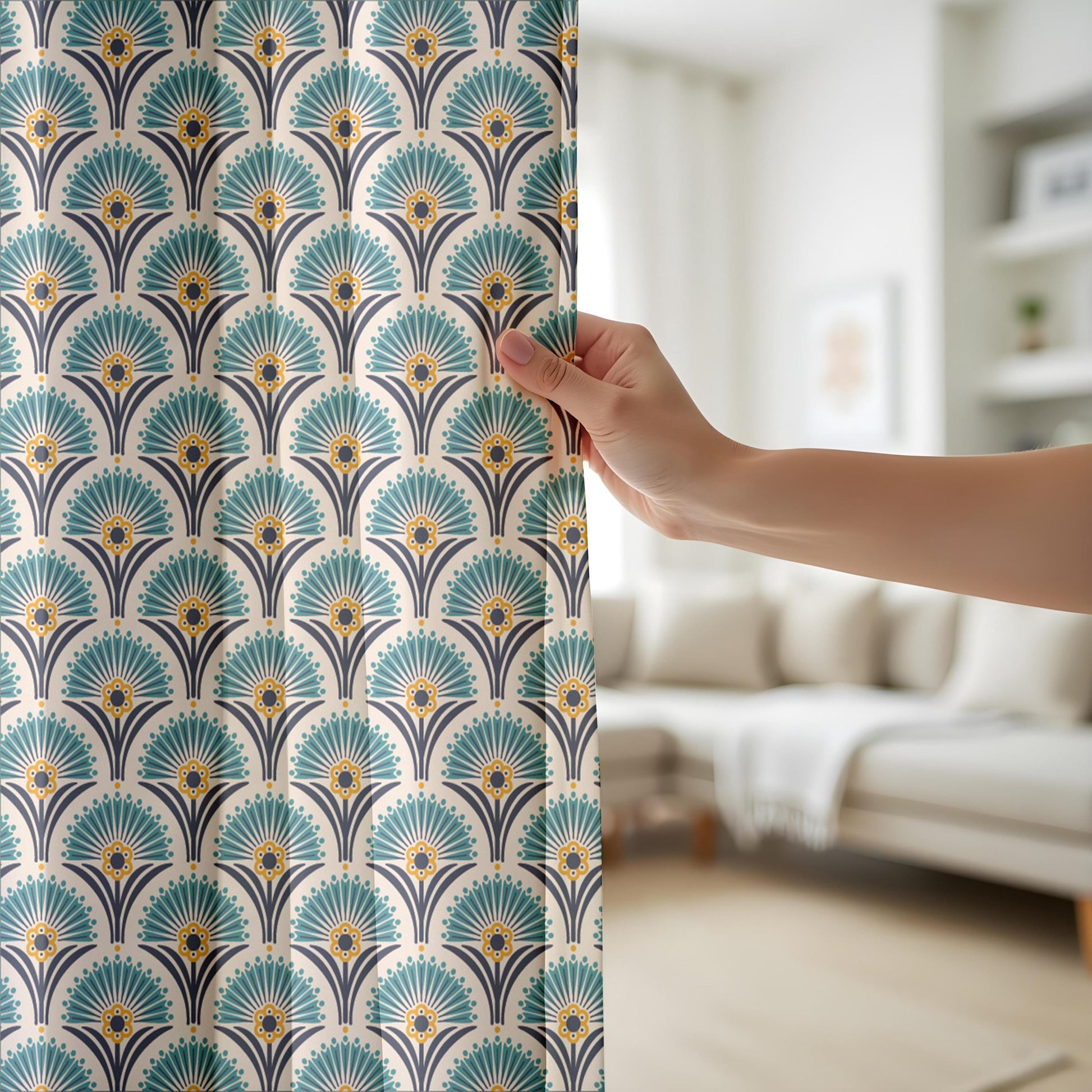 Onay Teal Art Deco Fan Curtains – Peacock Feather Pattern Drapes