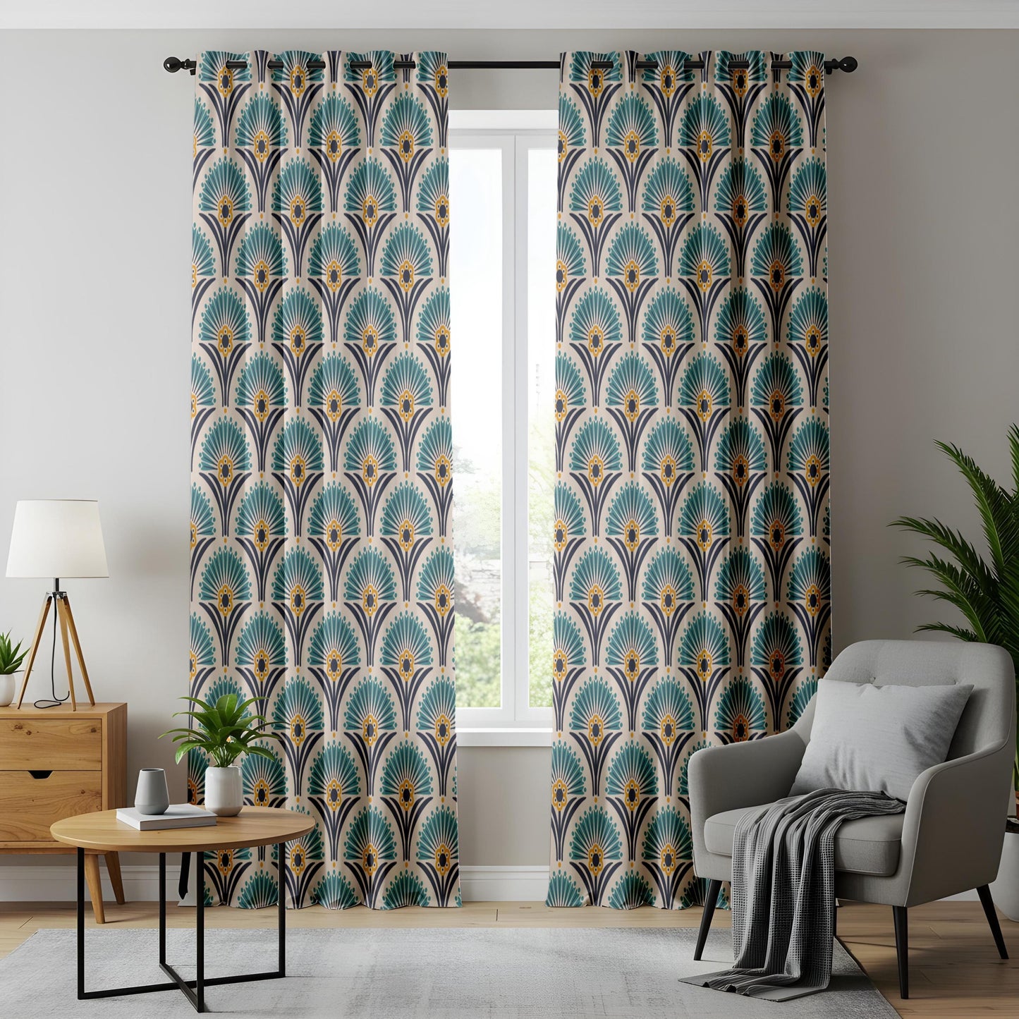 Onay Teal Art Deco Fan Curtains – Peacock Feather Pattern Drapes