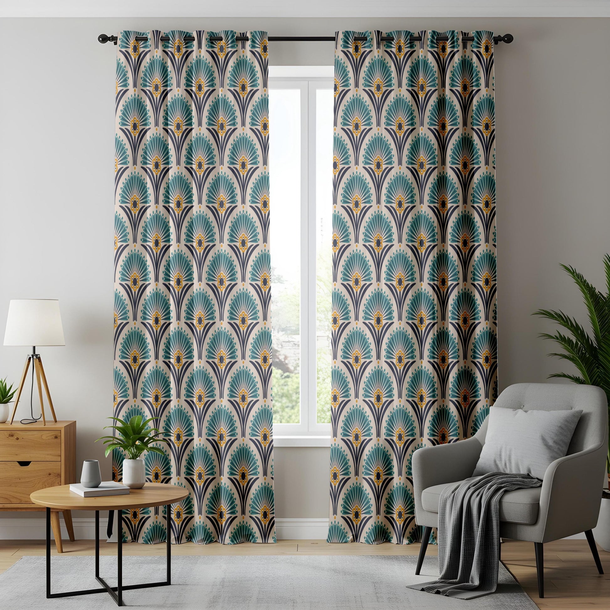 Onay Teal Art Deco Fan Curtains – Peacock Feather Pattern Drapes