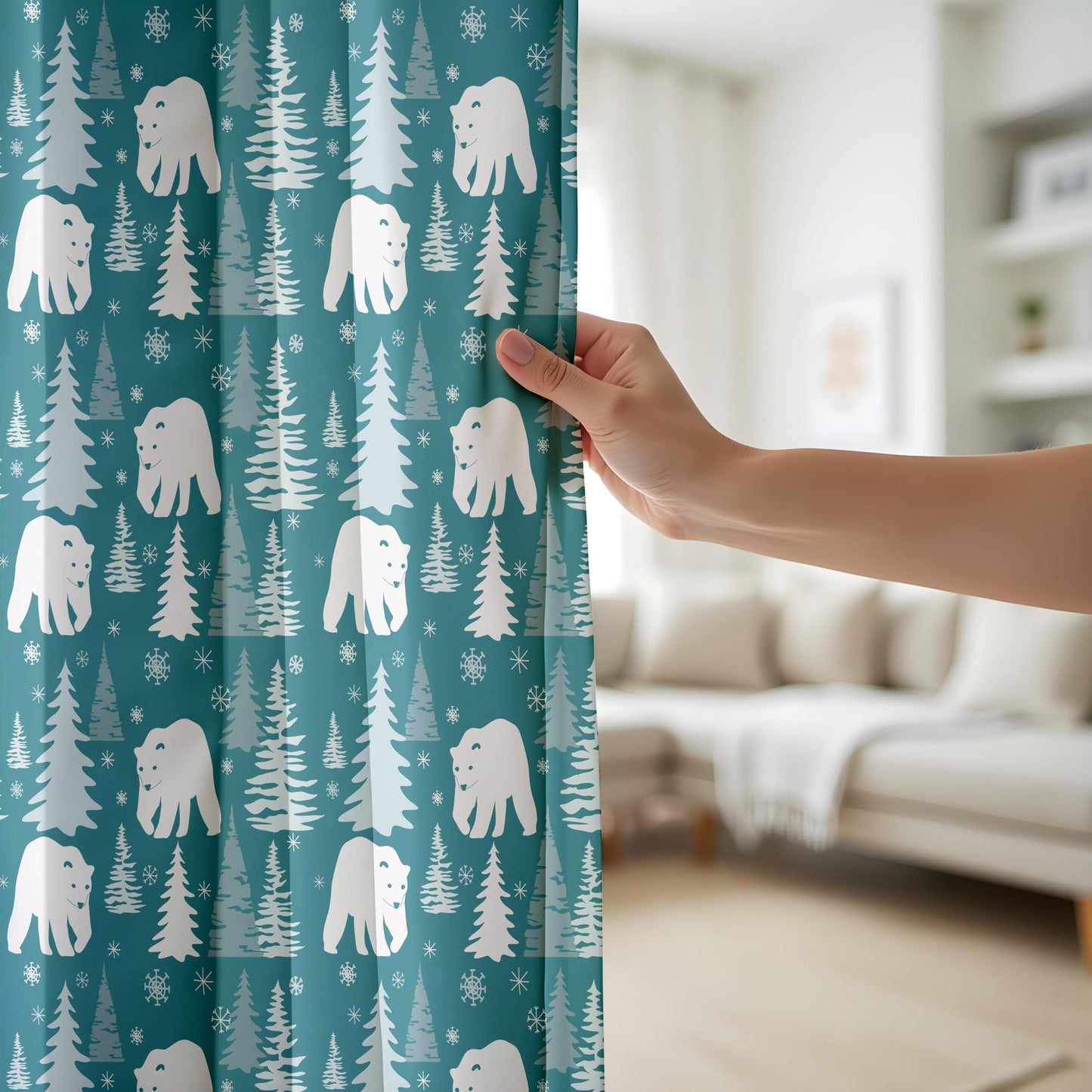 Onay Teal Polar Bear Curtains – Winter Forest Nursery Drapes