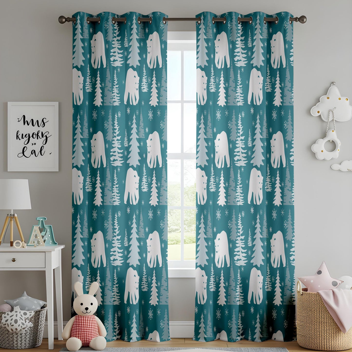 Onay Teal Polar Bear Curtains – Winter Forest Nursery Drapes