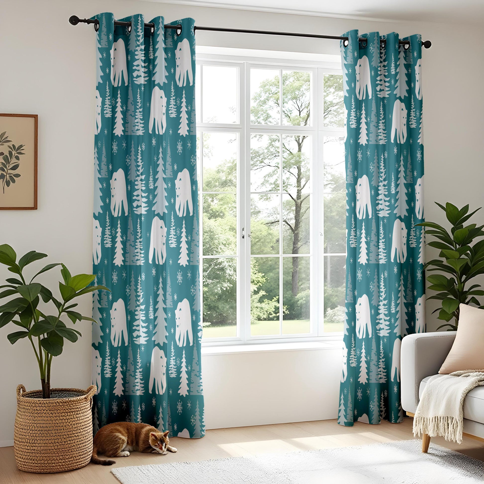 Onay Teal Polar Bear Curtains – Winter Forest Nursery Drapes