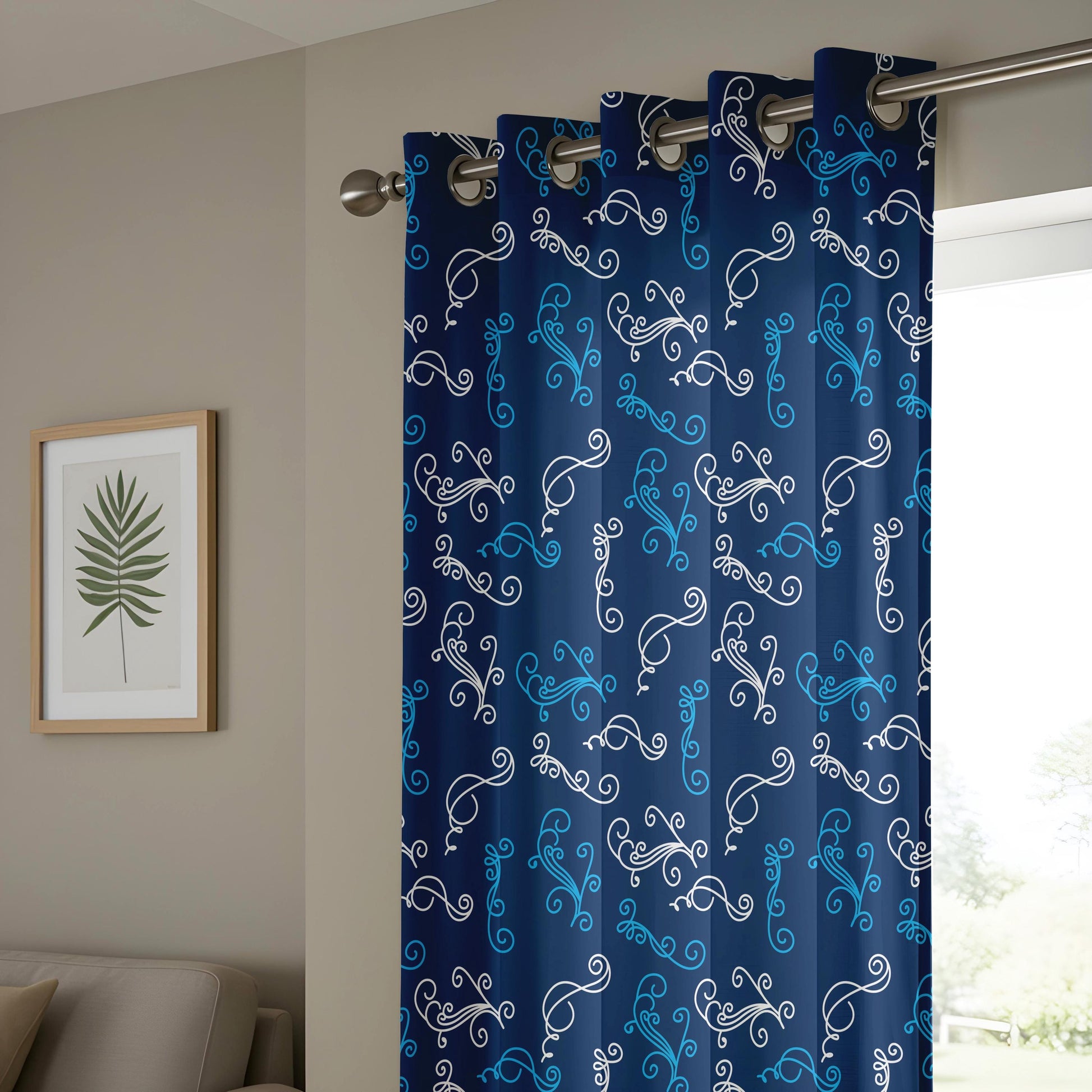 Onay Navy Blue Filigree Curtains – Elegant White Scroll Swirl Drapes