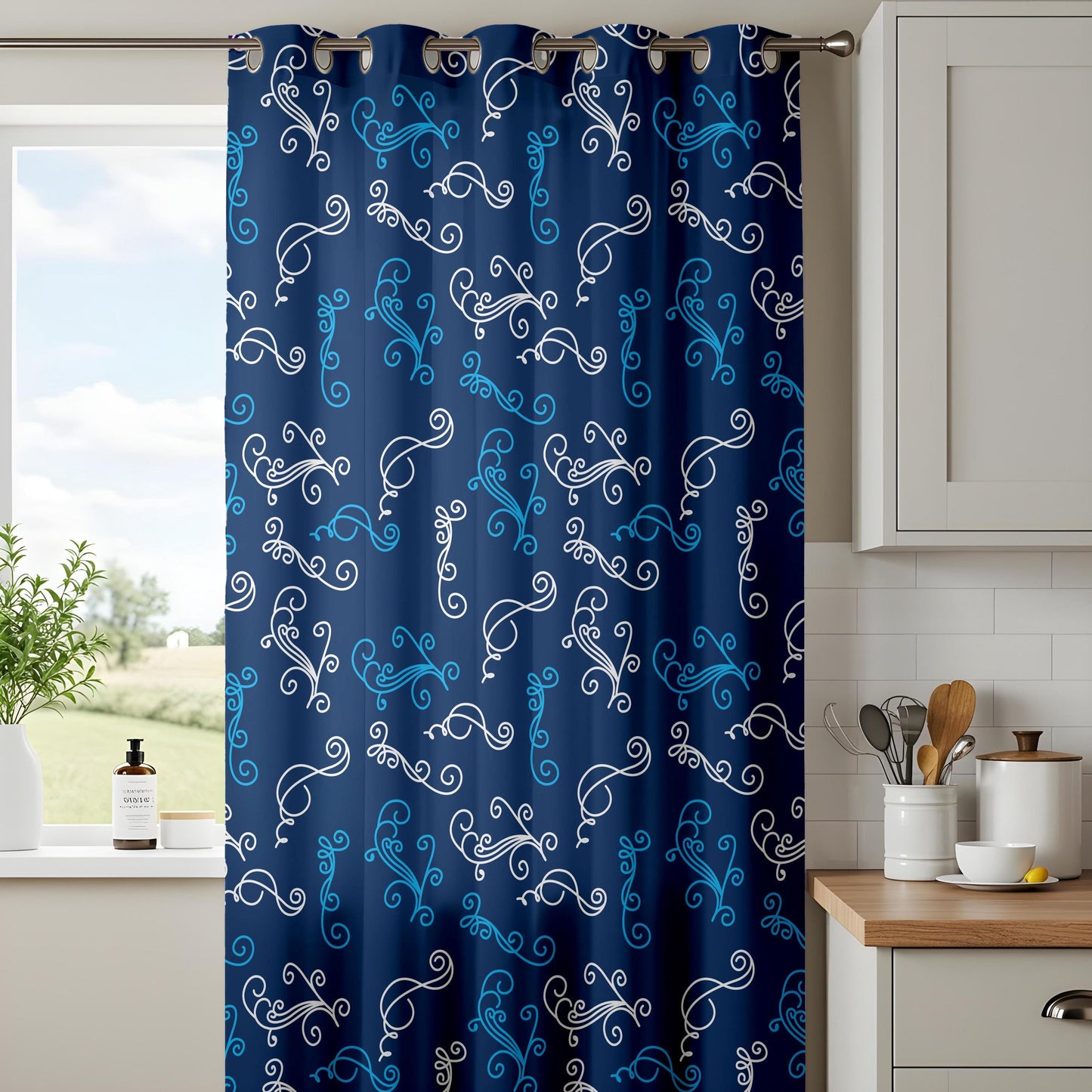 Onay Navy Blue Filigree Curtains – Elegant White Scroll Swirl Drapes