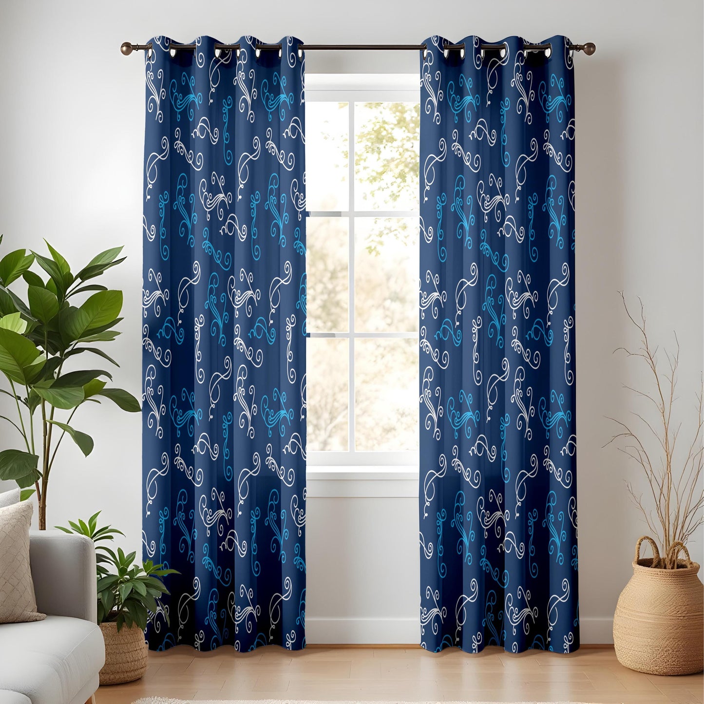 Onay Navy Blue Filigree Curtains – Elegant White Scroll Swirl Drapes