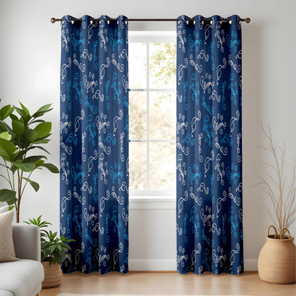 Onay Navy Blue Filigree Curtains – Elegant White Scroll Swirl Drapes