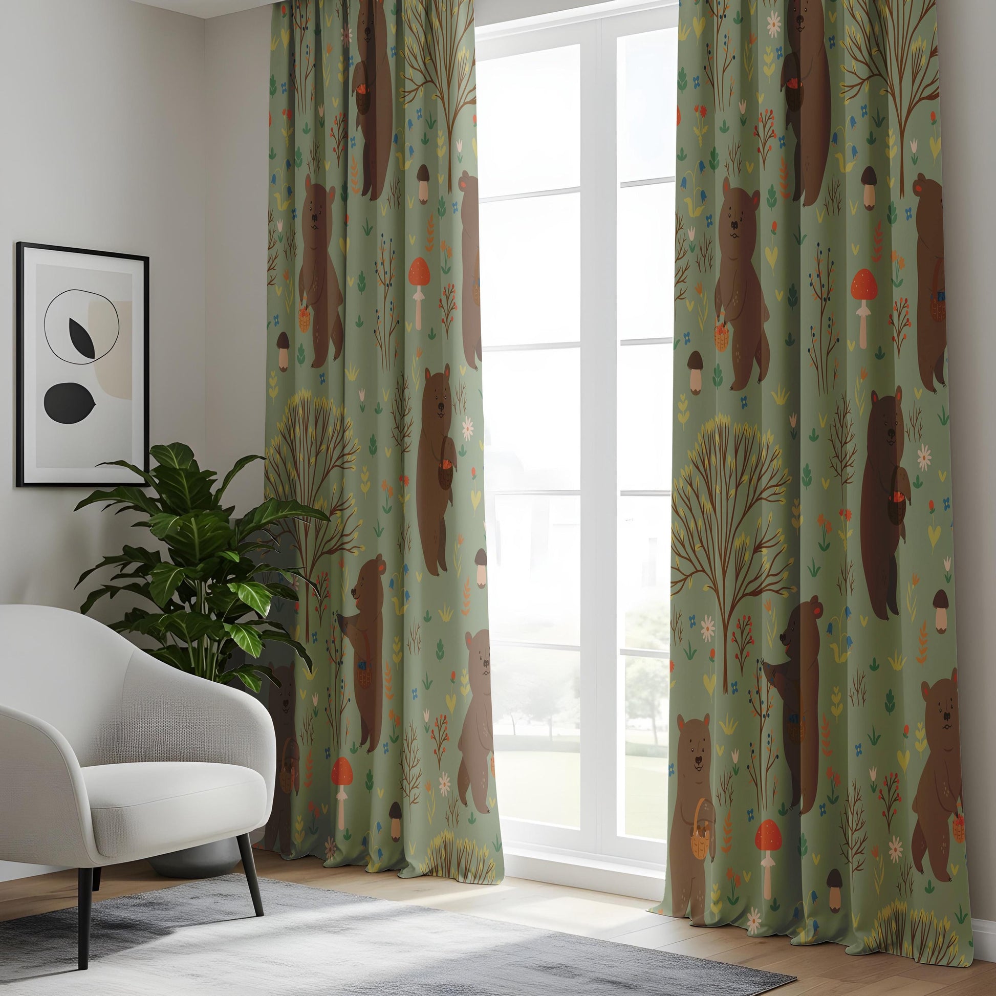 Onay Sage Green Woodland Bear Curtains – Mushroom Nursery Drapes