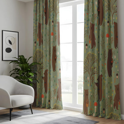 Onay Sage Green Woodland Bear Curtains – Mushroom Nursery Drapes