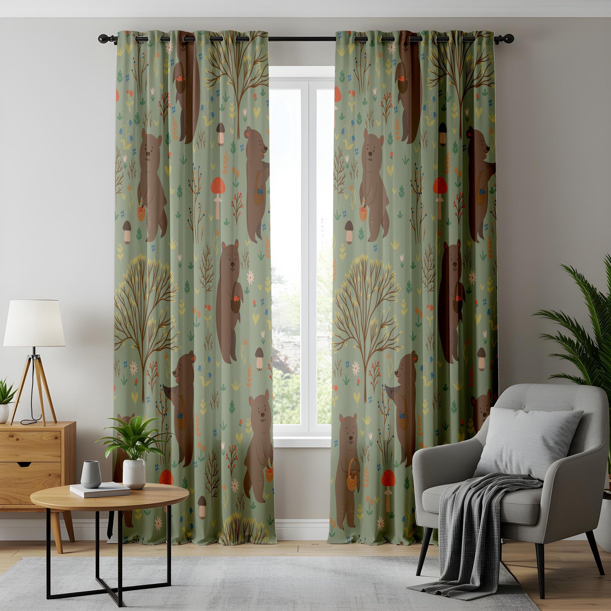 Onay Sage Green Woodland Bear Curtains – Mushroom Nursery Drapes
