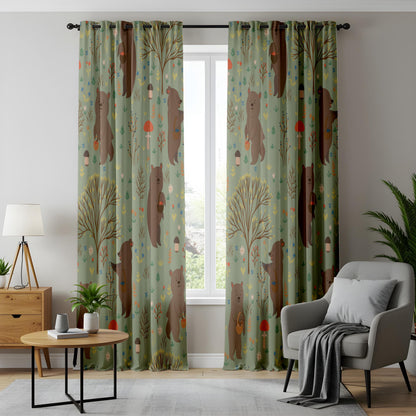 Onay Sage Green Woodland Bear Curtains – Mushroom Nursery Drapes