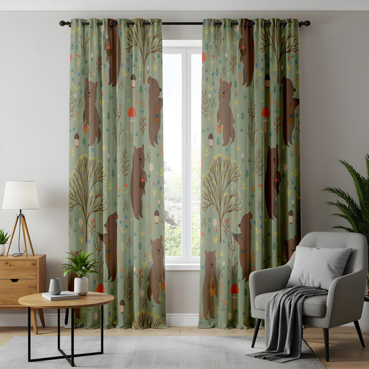 Onay Sage Green Woodland Bear Curtains – Mushroom Nursery Drapes