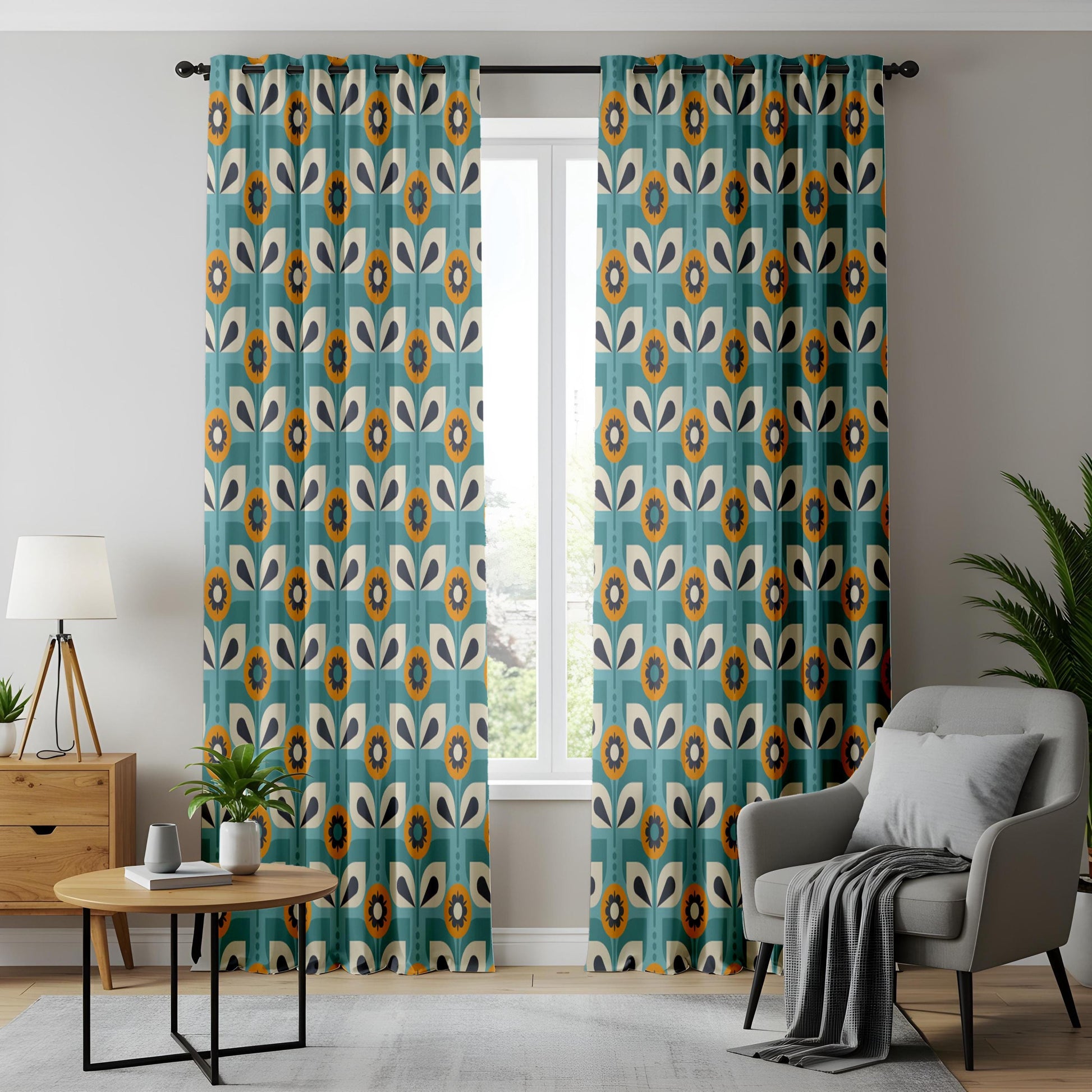 Onay Teal Blue Retro Floral Curtains – Mid Century Geometric Scandi Drapes