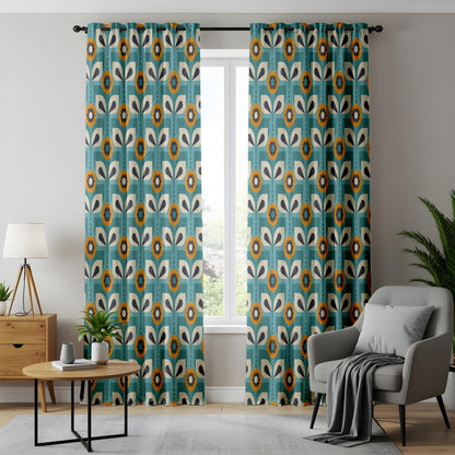 Onay Teal Blue Retro Floral Curtains – Mid Century Geometric Scandi Drapes