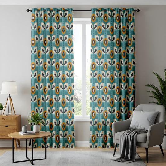 Onay Teal Blue Retro Floral Curtains – Mid Century Geometric Scandi Drapes