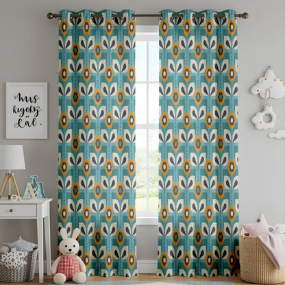 Onay Teal Blue Retro Floral Curtains – Mid Century Geometric Scandi Drapes